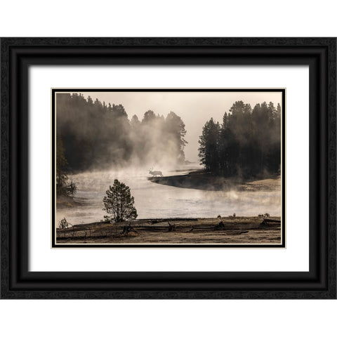 Morning mist on Yellowstone River-Yellowstone National Park-Wyoming Black Ornate Wood Framed Art Print with Double Matting by Jones, Adam