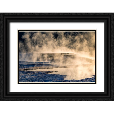 Canary Spring and steaming mist at sunrise-Mammoth Hot Springs-Yellowstone National Park-Wyoming Black Ornate Wood Framed Art Print with Double Matting by Jones, Adam