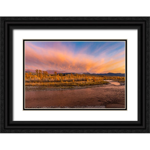 Golden cottonwood and aspen trees at sunset Gros Ventre River-Grand Teton National Park-Wyoming Black Ornate Wood Framed Art Print with Double Matting by Jones, Adam
