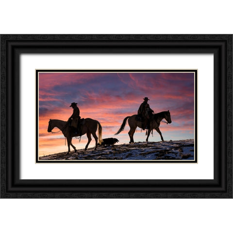 USA- Shell- Wyoming. Hideout Ranch cowgirls and dog silhouetted against sunsets sky.  Black Ornate Wood Framed Art Print with Double Matting by Gulin, Darrell