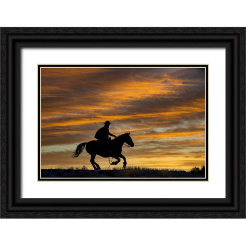 USA- Shell- Wyoming. Hideout Ranch cowgirl silhouetted on horseback at sunset.  Black Ornate Wood Framed Art Print with Double Matting by Gulin, Darrell