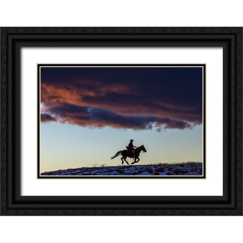 USA- Wyoming. Hideout Horse Ranch- wrangler and horse at sunset.  Black Ornate Wood Framed Art Print with Double Matting by Looney, Hollice