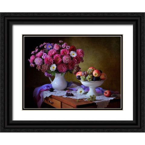 Still Life With A Bouquet Of Asters And Fruits Black Ornate Wood Framed Art Print with Double Matting by Skorokhod, Tatyana
