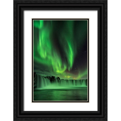 Northern Light On Godafoss Black Ornate Wood Framed Art Print with Double Matting by Zhu, Hua