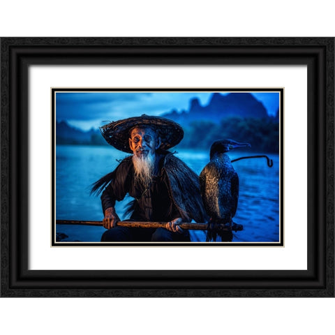 Cormorant Fisherman Black Ornate Wood Framed Art Print with Double Matting by Whanset, Chanwit