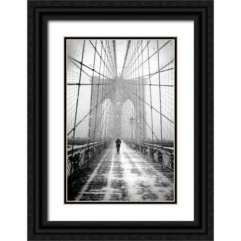 New York Walker in Blizzard - Brooklyn Bridge Black Ornate Wood Framed Art Print with Double Matting by Froyda, Martin