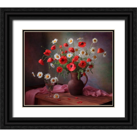 Still Life With A Bouquet Of Poppies And Chamomile Black Ornate Wood Framed Art Print with Double Matting by Skorokhod, Tatyana