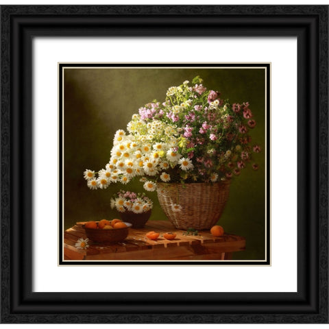 Still Life With A Basket Of Wildflowers Black Ornate Wood Framed Art Print with Double Matting by Skorokhod, Tatyana