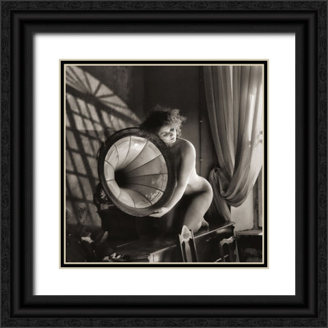 Girl With A Gramophone Black Ornate Wood Framed Art Print with Double Matting by Kapsha, Eduards