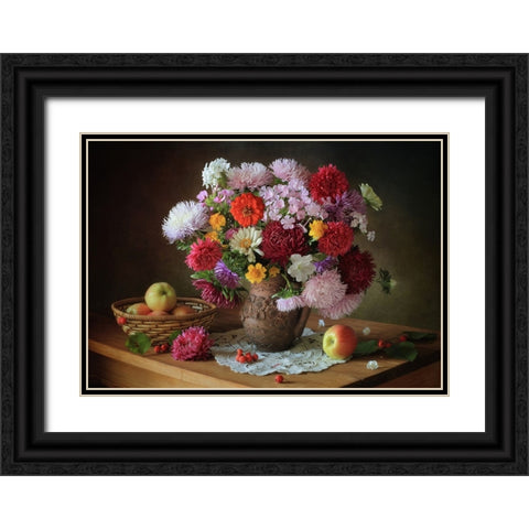 Still Life With A Bouquet Of Flowers And Apples Black Ornate Wood Framed Art Print with Double Matting by Skorokhod, Tatyana