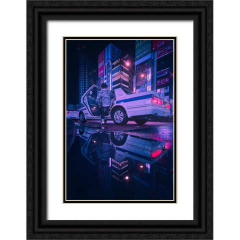Tokyo Blue Rain Black Ornate Wood Framed Art Print with Double Matting by De La, Javier