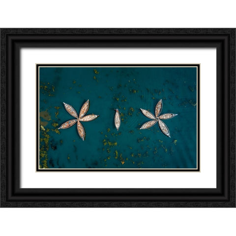 River And Boat Black Ornate Wood Framed Art Print with Double Matting by Tanvir