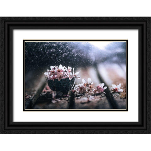 Spring In A Teacup Black Ornate Wood Framed Art Print with Double Matting by Pu, Can