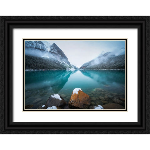 Foggy Lake Louise Black Ornate Wood Framed Art Print with Double Matting by Li, Yongnan