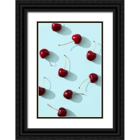 Cherries on turquoise background Black Ornate Wood Framed Art Print with Double Matting by 1x Studio III