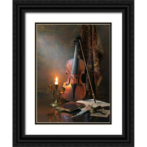 Still Life With Violin And Candle Black Ornate Wood Framed Art Print with Double Matting by Morozov, Andrey