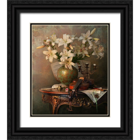 Still Life With Violin And Lilies Black Ornate Wood Framed Art Print with Double Matting by Morozov, Andrey