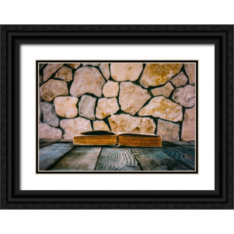 Old Open Book On Old Wooden Table On A Background Of Stone Walls Black Ornate Wood Framed Art Print with Double Matting by Solovie, Andre