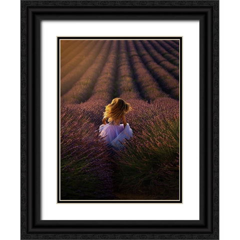 A Girl Running Towards The Flower Field Black Ornate Wood Framed Art Print with Double Matting by Hu, Mei