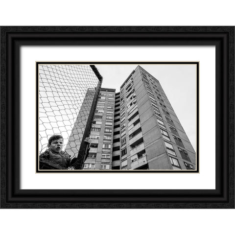 The Boy Behind The Fence Black Ornate Wood Framed Art Print with Double Matting by Cvetkovic, Svetislav