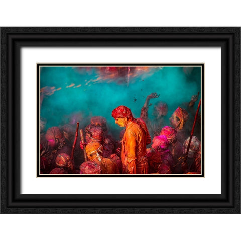 A Blue Hue Over The Singers At The Samaj During Holi Black Ornate Wood Framed Art Print with Double Matting by Rana, Ajit