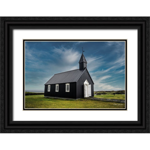 Black Church In Iceland Black Ornate Wood Framed Art Print with Double Matting by Gudmundsson, Kristvin