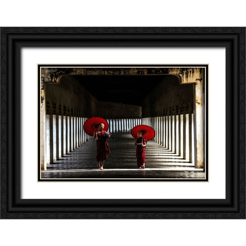 Two Monks Walking Home Black Ornate Wood Framed Art Print with Double Matting by Rana, Ajit