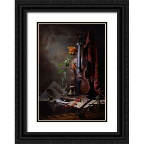 Still Life With Violin And Rose Black Ornate Wood Framed Art Print with Double Matting by Morozov, Andrey
