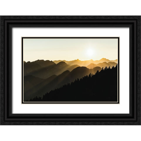 Sunset sun rays over the mountains Black Ornate Wood Framed Art Print with Double Matting by Yamada, Tomomi