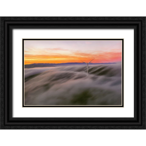 A Windmill In The Fog Black Ornate Wood Framed Art Print with Double Matting by Qiu, Jenny