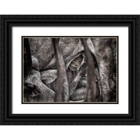 Mundari Child Milking A Cow-II - South Sudan Black Ornate Wood Framed Art Print with Double Matting by Inazio Kuesta, Joxe