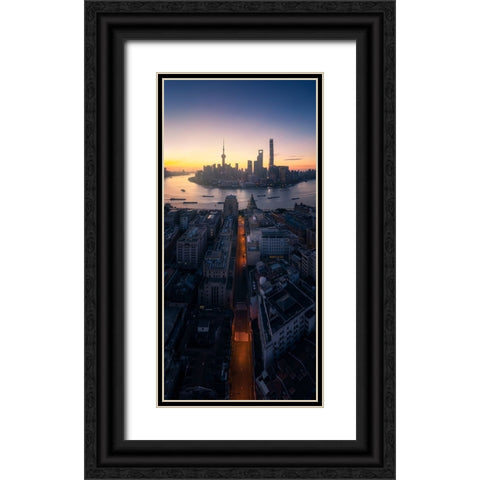 Shanghai Sunrise Black Ornate Wood Framed Art Print with Double Matting by Tan, Jasper