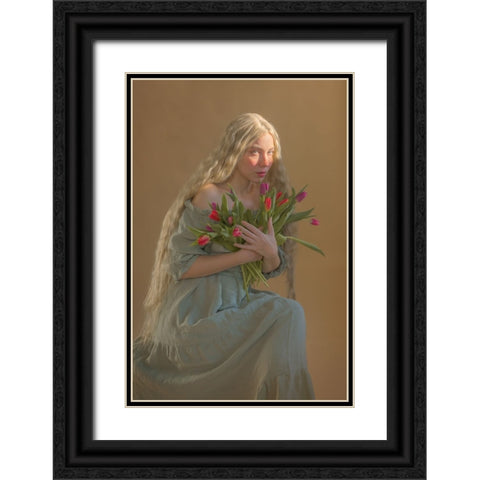 Lady With Flowers Black Ornate Wood Framed Art Print with Double Matting by Durisova, Michaela