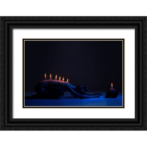 Burning Candles On Back Of Lady Bowing Down In Darkness Black Ornate Wood Framed Art Print with Double Matting by Guryanov, Andrey