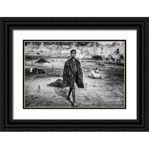A Scene Of Life In A Mundari Cattle Camp - South Sudan Black Ornate Wood Framed Art Print with Double Matting by Inazio Kuesta, Joxe