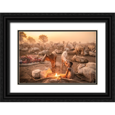 A Young Mundari Herder At Work Black Ornate Wood Framed Art Print with Double Matting by Cole, Trevor