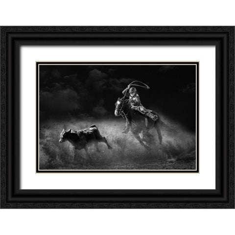 Tie Down Roping Calf Black Ornate Wood Framed Art Print with Double Matting by Thwaits, Yun
