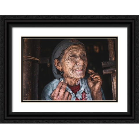 Smiling Chin Woman Black Ornate Wood Framed Art Print with Double Matting by Tagliarino, Marco