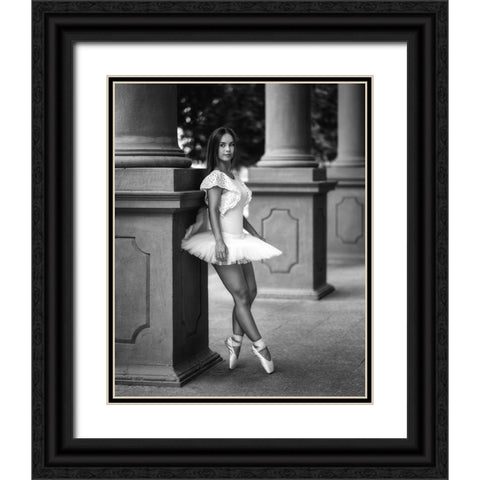 Ballerina On The Street Bw Black Ornate Wood Framed Art Print with Double Matting by Nanev, Vasil