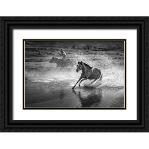 Running Horses Black Ornate Wood Framed Art Print with Double Matting by Zhang, Anna