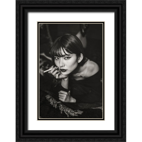 RESTS HER CHIN IN HER HAND Black Ornate Wood Framed Art Print with Double Matting by Iino, Ken-Ichi