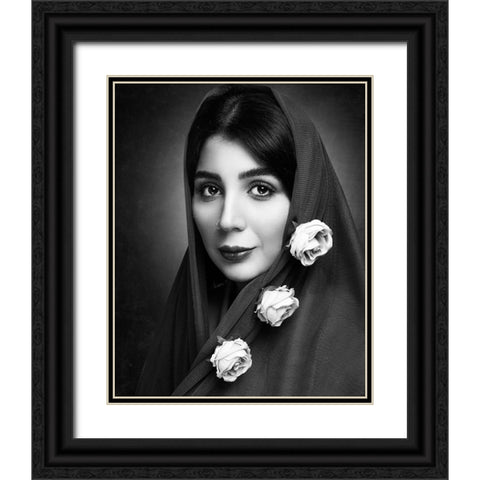A Girl With Beautiful Flowers Black Ornate Wood Framed Art Print with Double Matting by Heydari, Amir