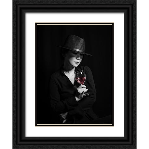 Woman And Wine Black Ornate Wood Framed Art Print with Double Matting by Wang, Jeff