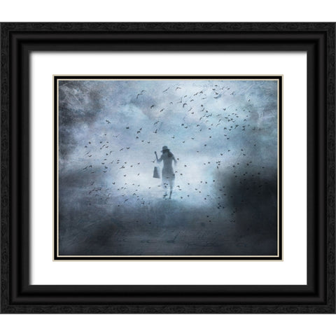 Girl And Bird Black Ornate Wood Framed Art Print with Double Matting by Lammakmak