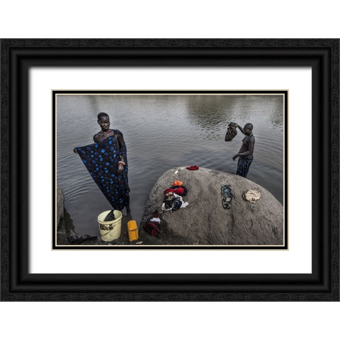 Mundari Tribe Women Cleaning Clothes In The RIVer - South Sudan Black Ornate Wood Framed Art Print with Double Matting by Inazio Kuesta, Joxe