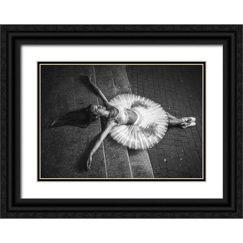 Ballerina Lying On The Stairs 2 Bw Black Ornate Wood Framed Art Print with Double Matting by Nanev, Vasil