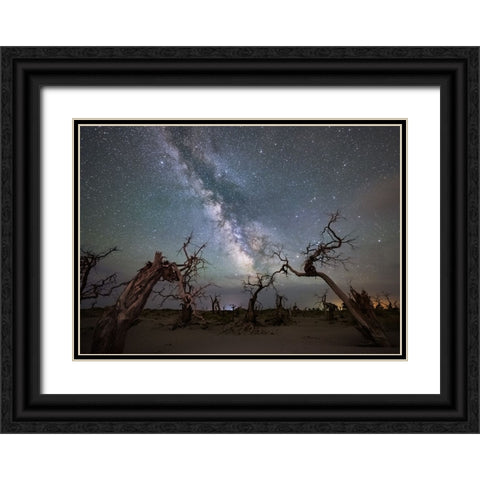 Galaxy Over A Dead Forest Black Ornate Wood Framed Art Print with Double Matting by Liao, Yuhan