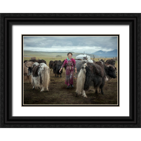 Happy Milking Black Ornate Wood Framed Art Print with Double Matting by Ma, Frank