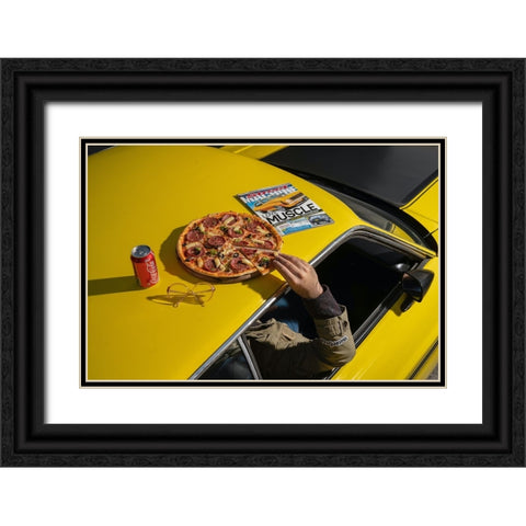 Pizza On Mustang Old School Black Ornate Wood Framed Art Print with Double Matting by Hamedani, Ardalan