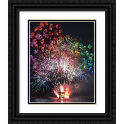 TorII Gate On The Water And VIVid Flowers Black Ornate Wood Framed Art Print with Double Matting by Matsubara, Hiroki